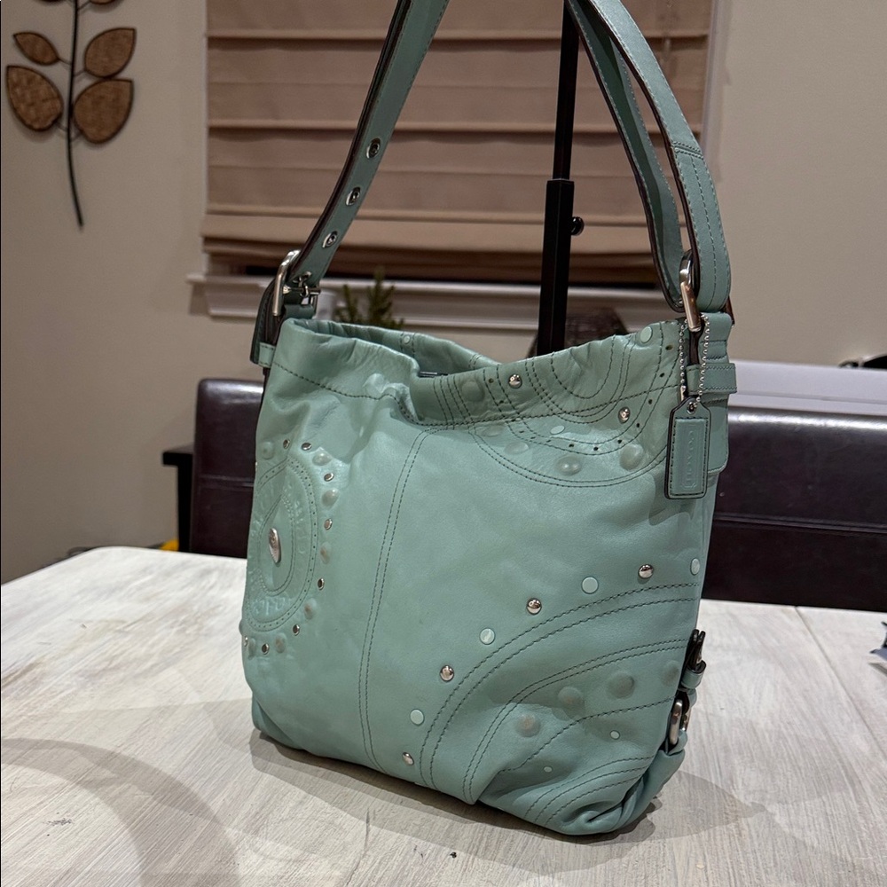 Coach Vintage Mint Green Leather Studded Shoulder Bag